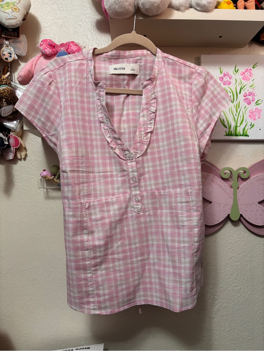 Hollister Short-Sleeve Icon Henley Shirt Light Pink Plaid Sz Large